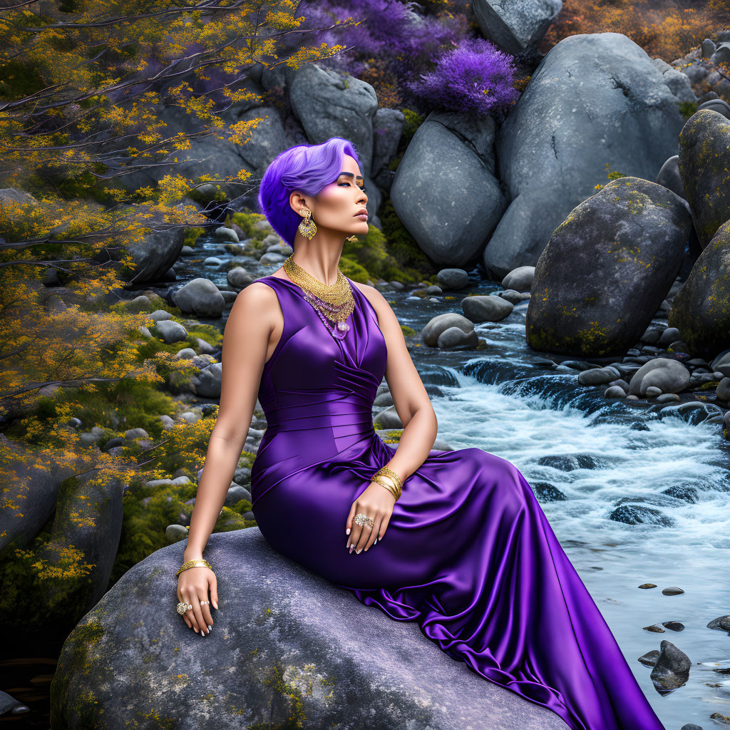 Woman with Purple Hair in Matching Evening Gown Amid Autumn Foliage