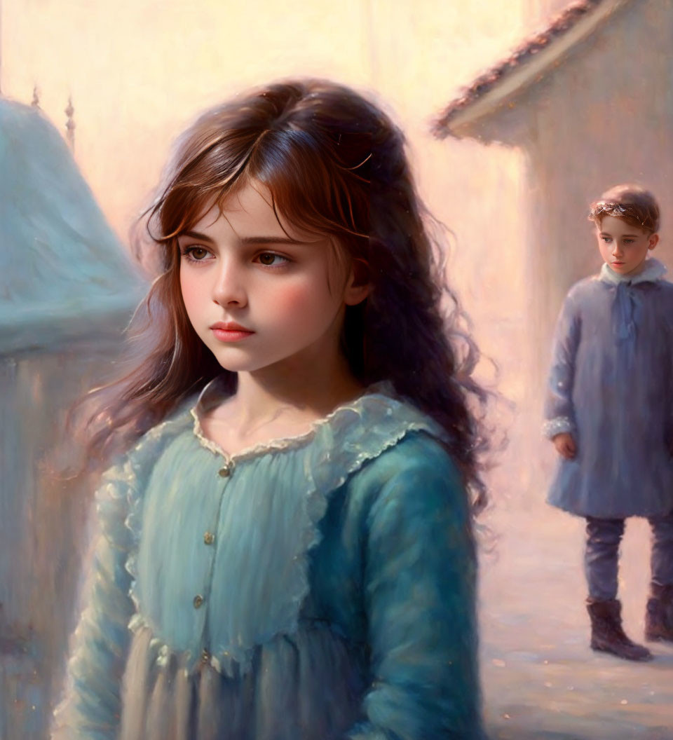 Young girl in blue dress with contemplative expression, boy blurred in background