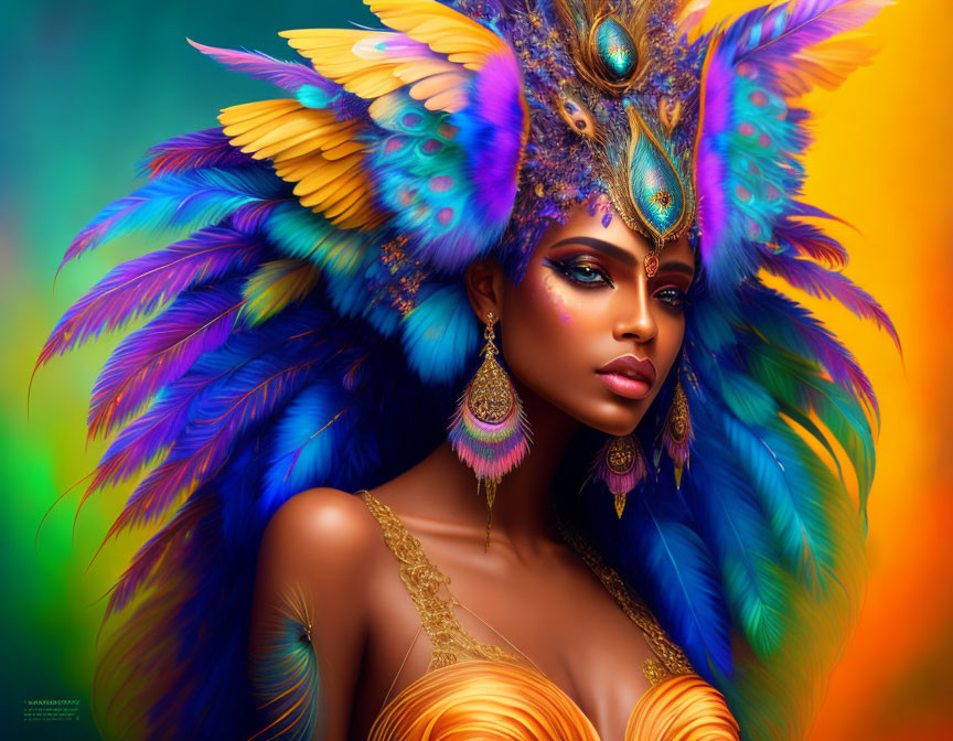 Vibrant feathered headdress and intricate makeup on woman with golden accessories