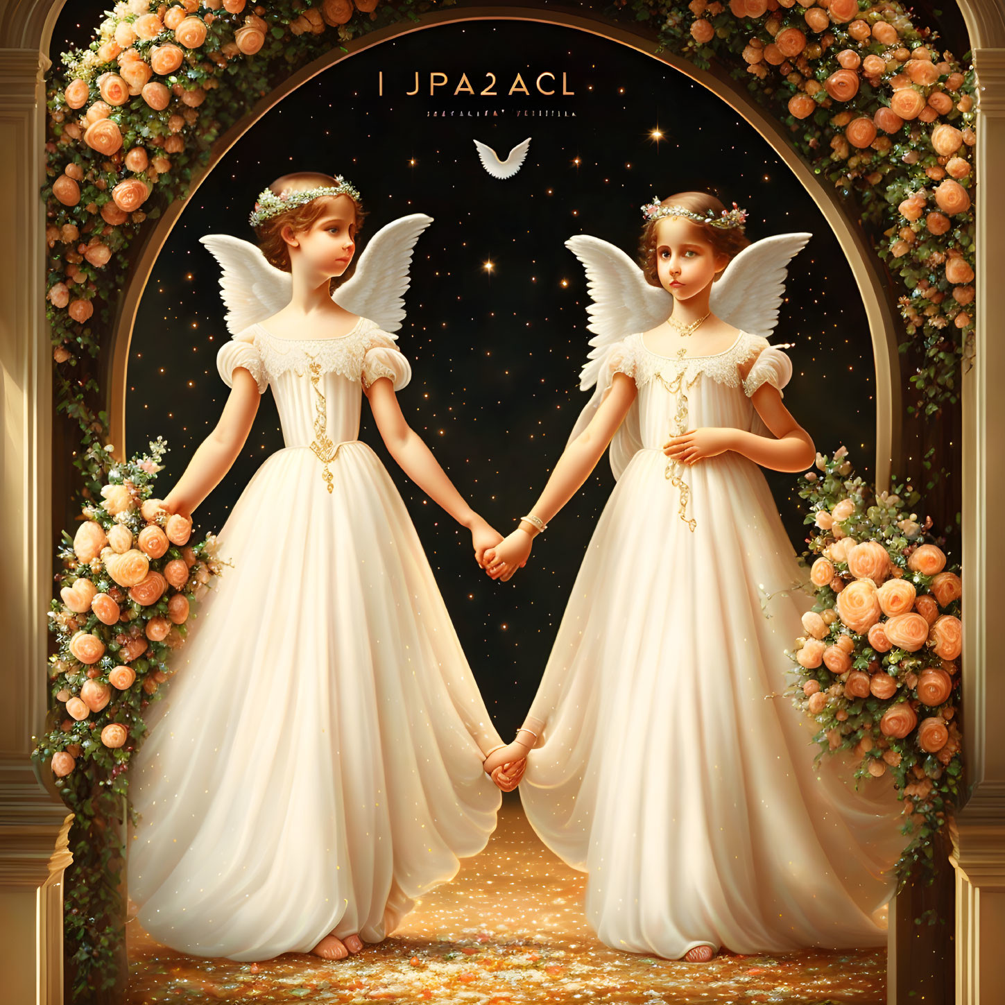 Angelic figures in white gowns holding hands under floral arch on starry backdrop