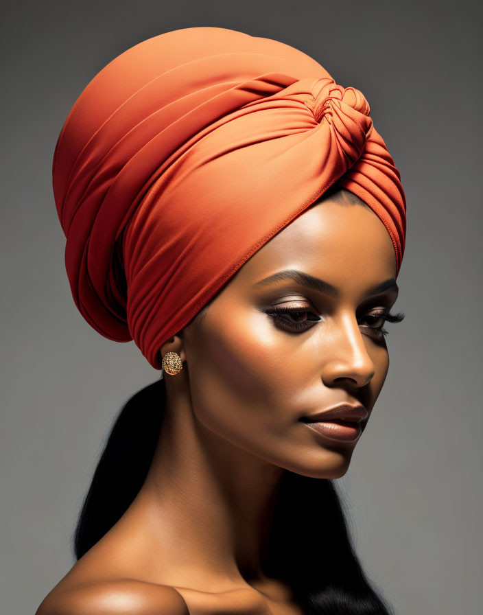 Woman in Orange Headwrap with Elegant Earrings on Gray Background