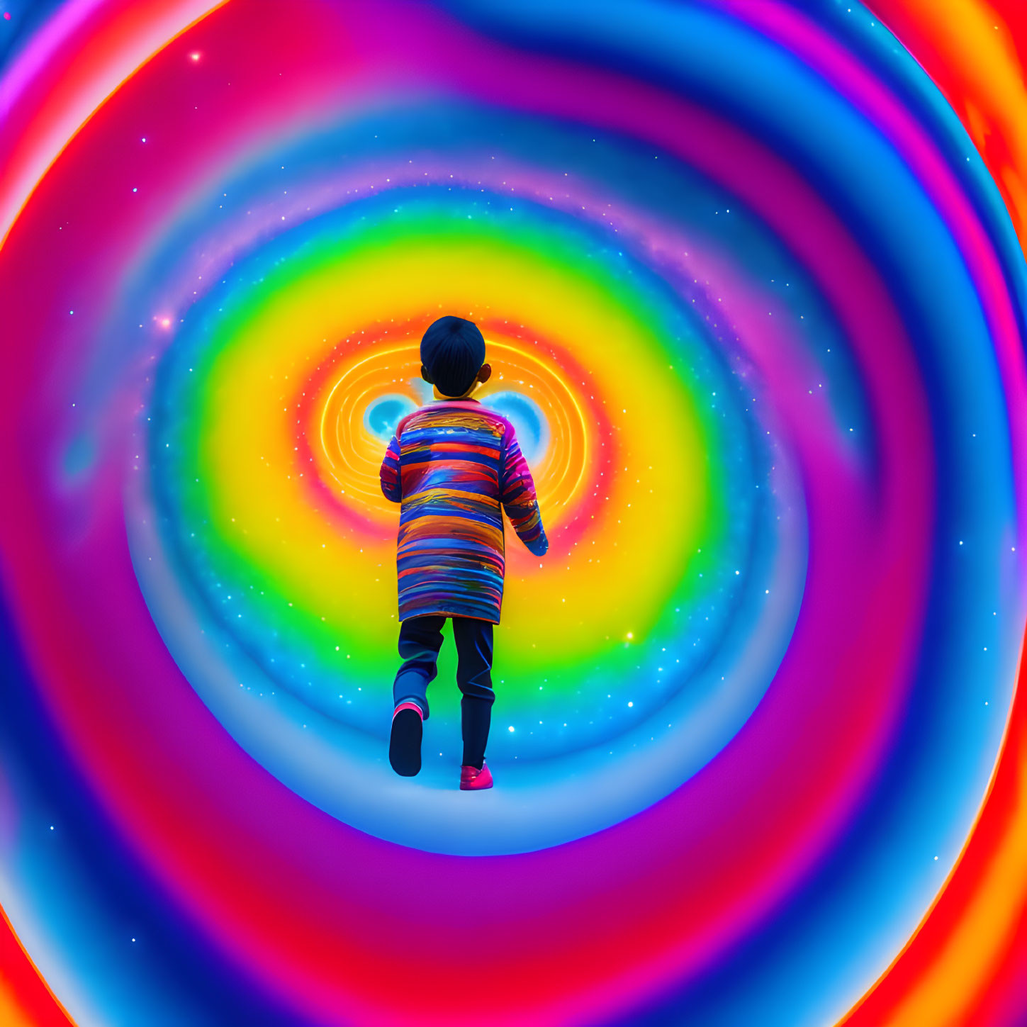 Child in Colorful Striped Jacket Approaches Rainbow Vortex