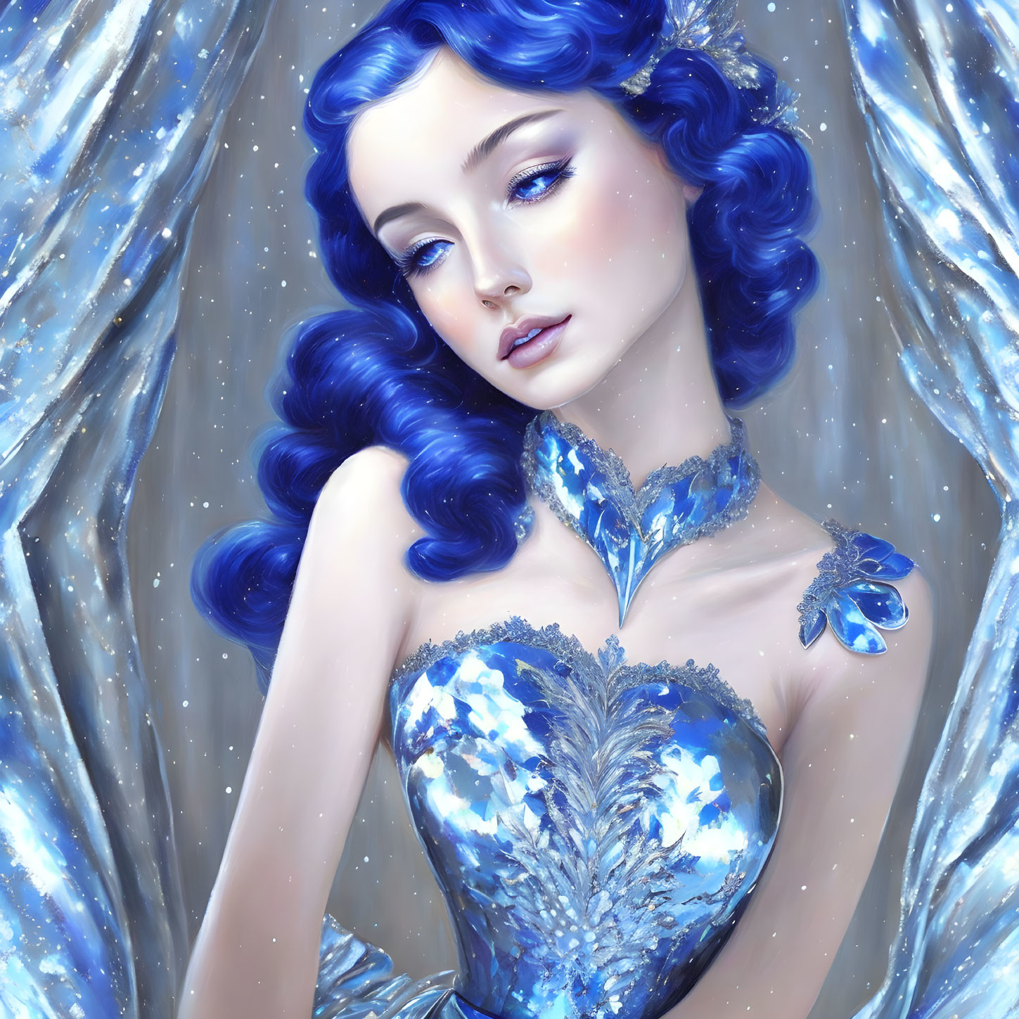 Vibrant Blue Hair Woman in Ice-themed Dress with Crystal Surroundings