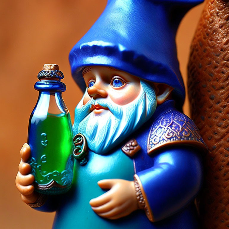 Colorful garden gnome figurine with blue hat and cloak holding a blue bottle on warm brown background