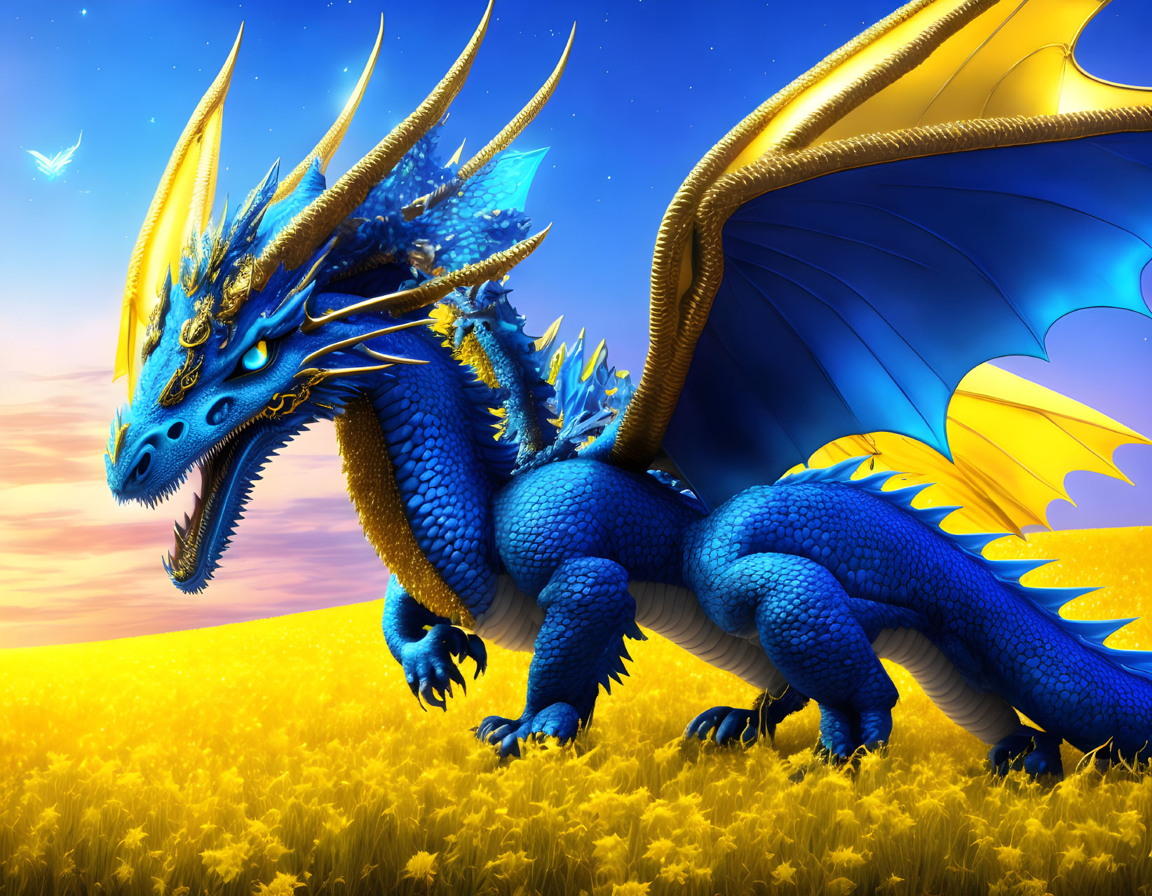 Blue dragon with yellow wings in field of golden flowers at sunset with flying dragons