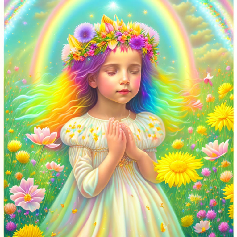 Illustration of young girl with rainbow hair praying in floral wreath under glowing rainbow