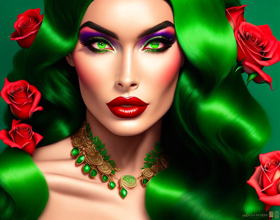 Vibrant Green Hair Woman with Dramatic Makeup and Red Roses