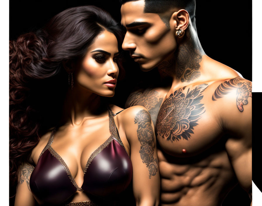 Artistic depiction of woman with voluminous hair and man with tattoos in intense gaze on dark backdrop.