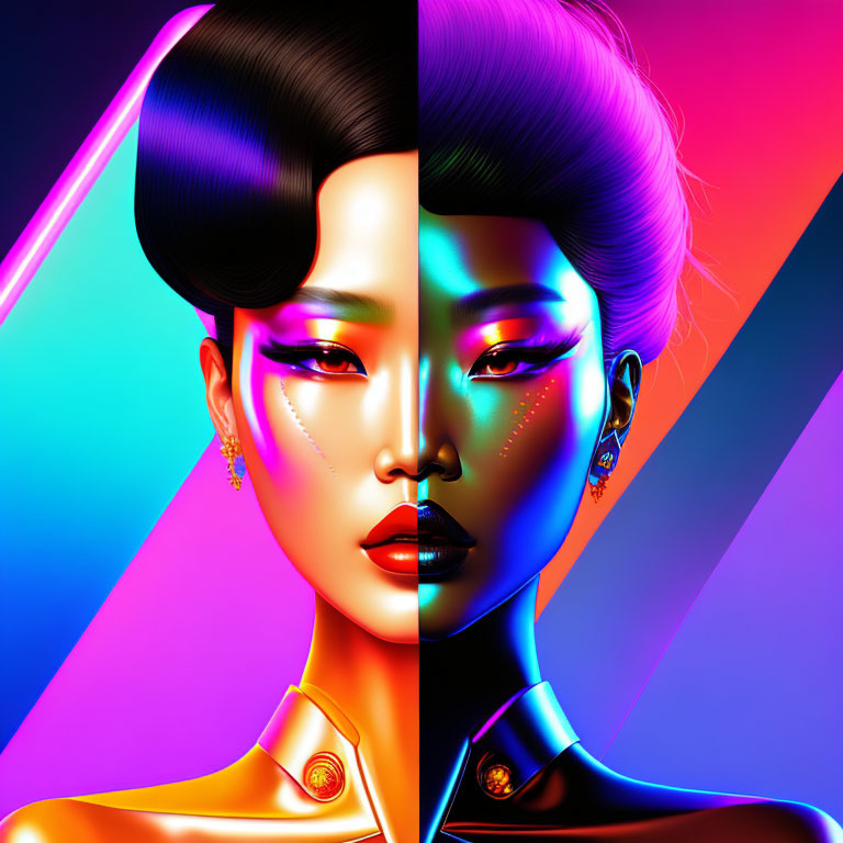 Colorful digital artwork of woman with stylized updo and bold makeup