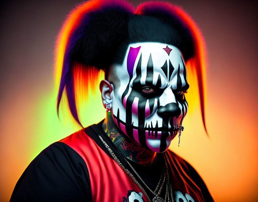 Colorful clown-like person with black and white face paint, tattoos, and piercings on gradient