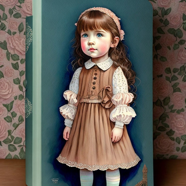 Detailed Illustration of Young Girl in Vintage Dress with Book