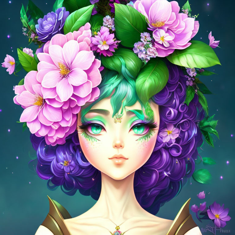 Fantastical female character with vibrant purple hair and floral adornments on deep teal background