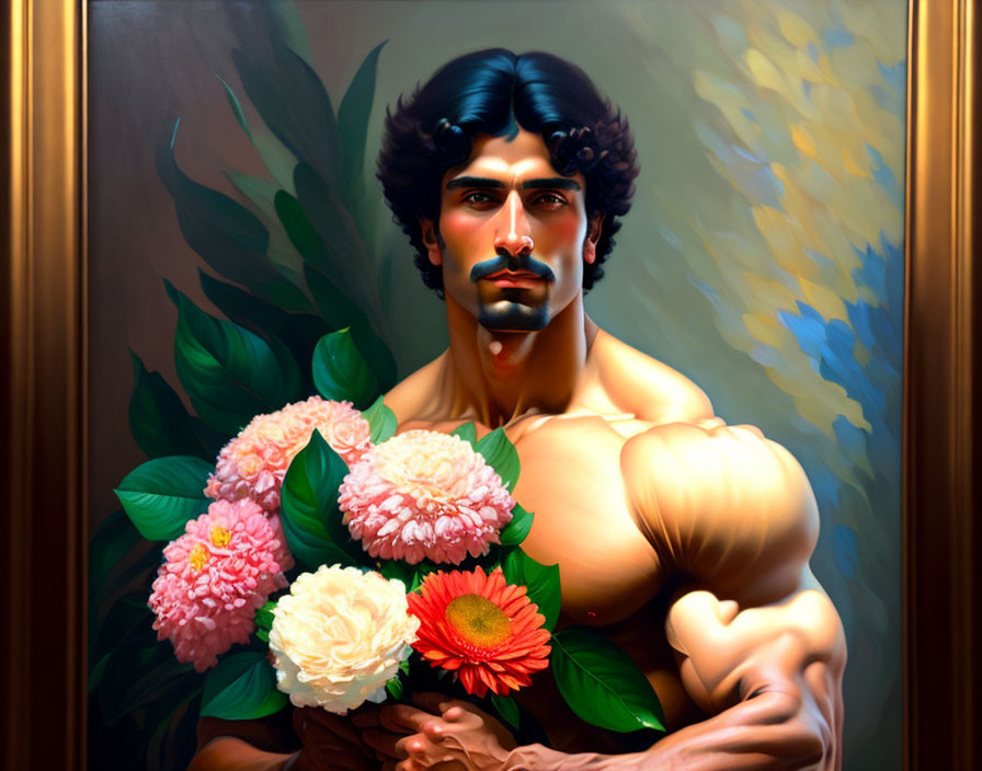 Muscular man with dark mustache holds bouquet of pink and orange flowers in nature setting