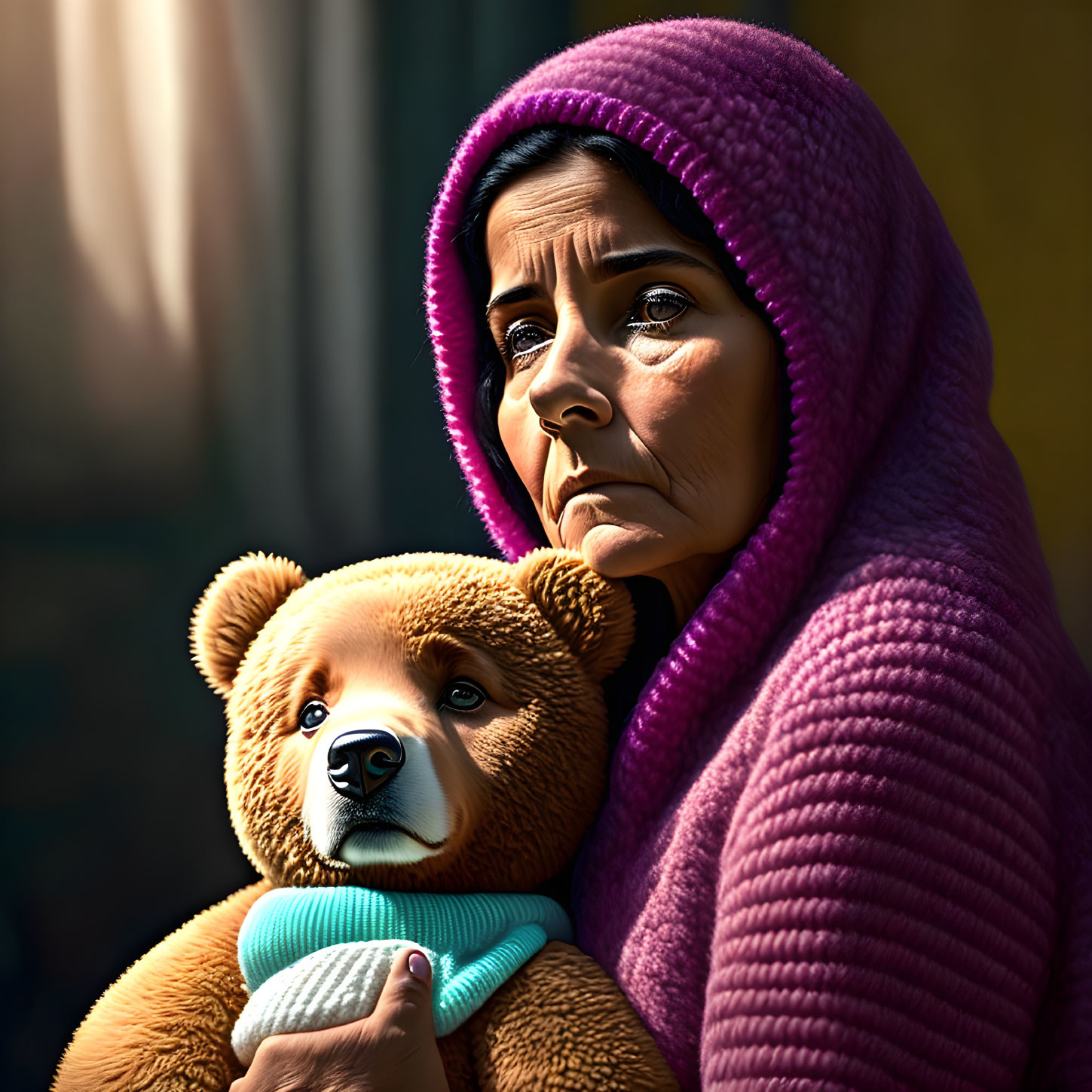 Pensive woman in magenta headscarf holding teddy bear with concerned expression