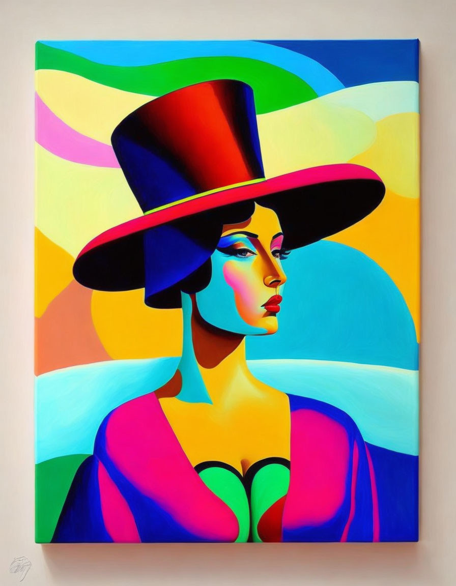 Colorful Stylized Portrait of Woman with Tall Black Hat in Abstract Swirls