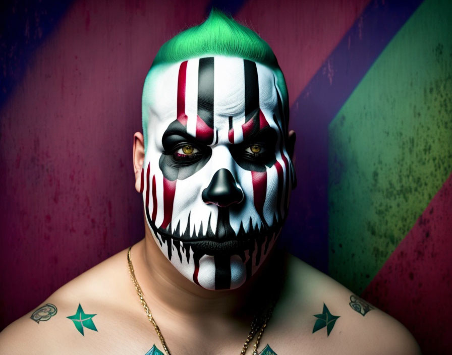 Skull-faced person with green hair and striped makeup on colorful backdrop