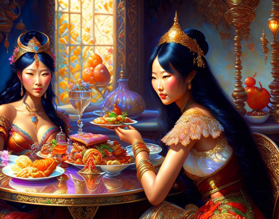 Luxurious royal attire women dining in ornate room