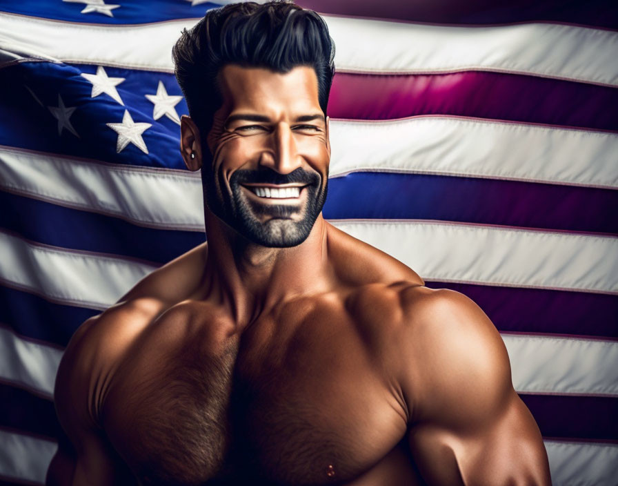 Smiling man with muscles and American flag background