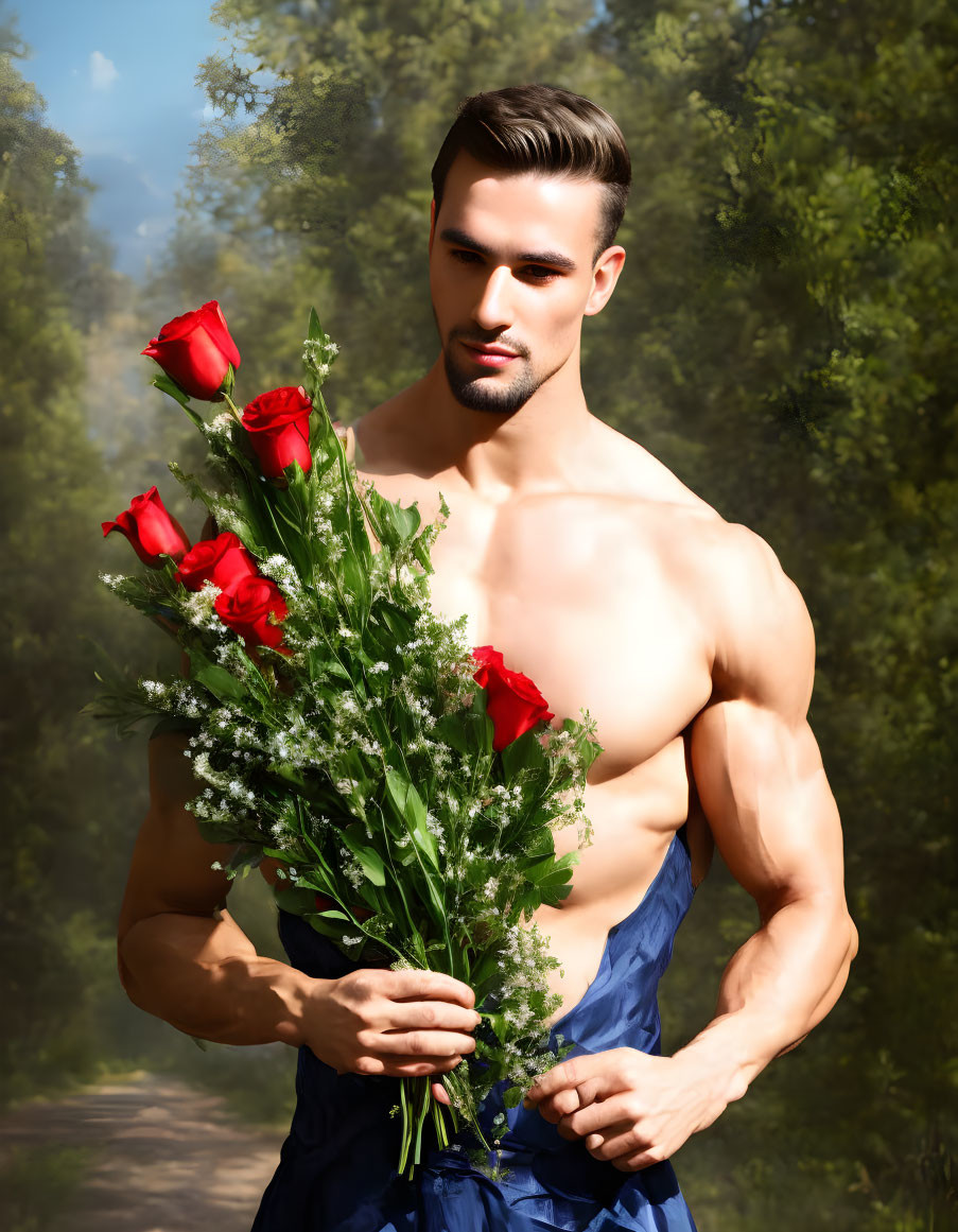 Muscular man holding red roses in forest setting