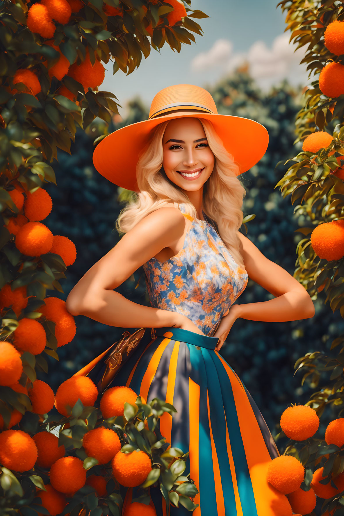 Blonde woman in summer attire among orange trees