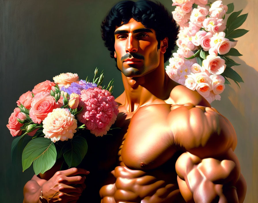 Muscular man with dark mustache holding bouquet of pink and red roses