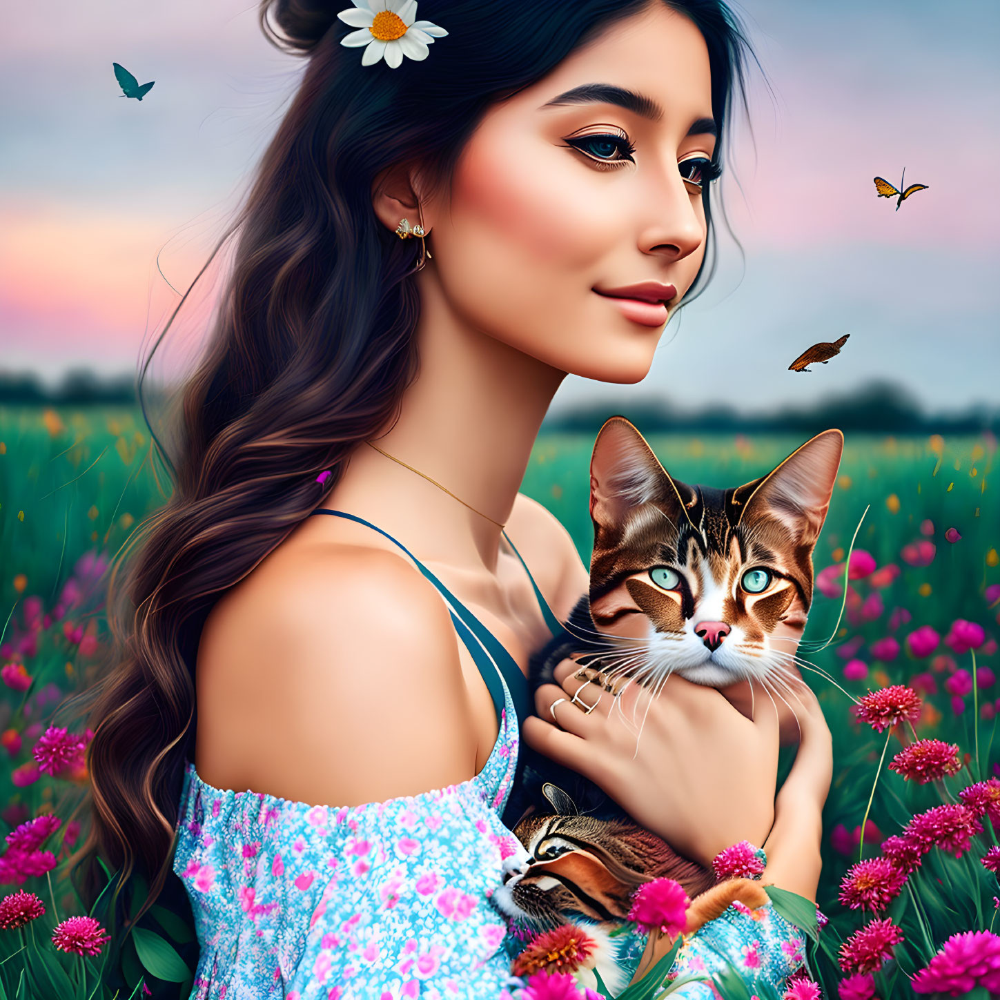 Digital Artwork: Woman with Cat, Flowers, Butterflies, Sunset Sky