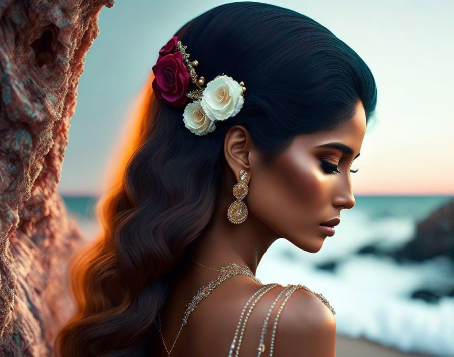 Side Profile of Woman with Elaborate Floral Hairstyle by the Sea