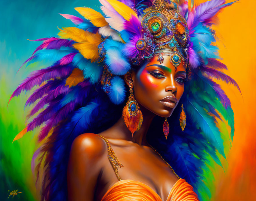 Colorful digital painting of a woman in feather headdress and jewelry against vivid backdrop