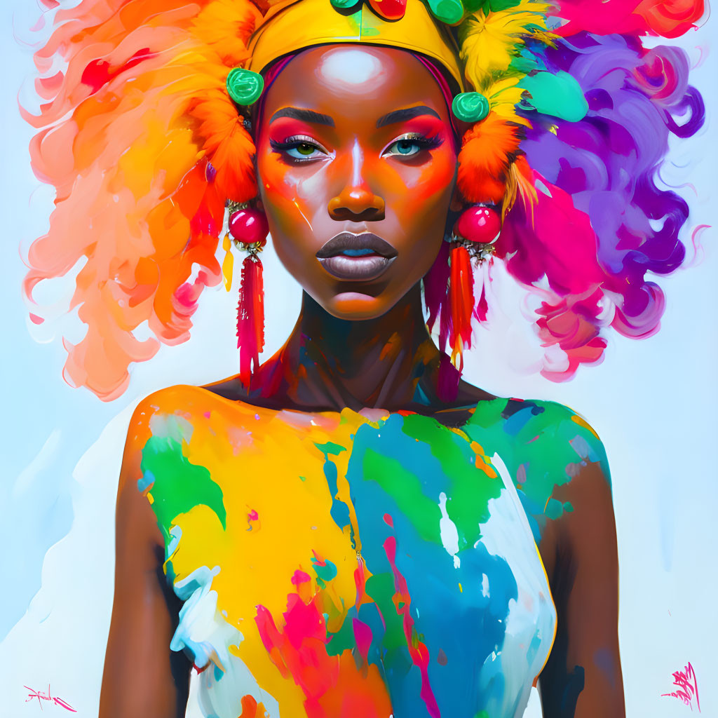 Colorful Woman Portrait with Headpiece and Paint-Splattered Attire