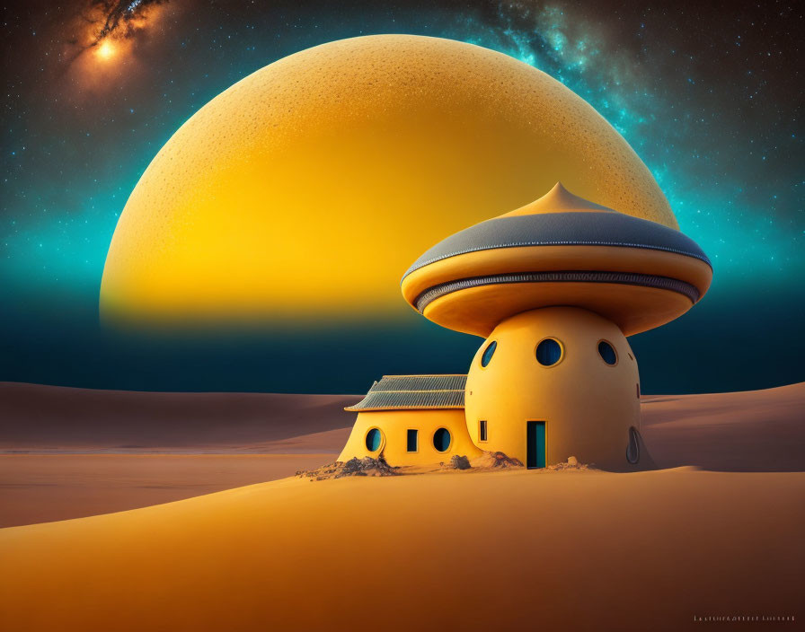 Futuristic desert landscape with large planet and spaceship-like building