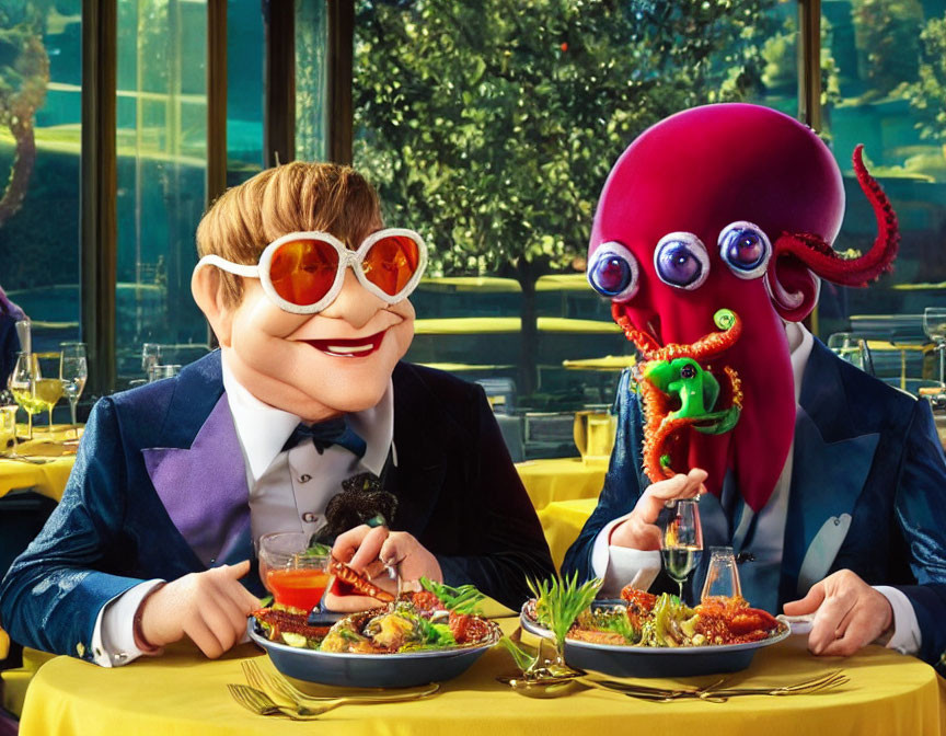 Animated characters resembling Elton John and an octopus dining with dragon plush and colorful meals