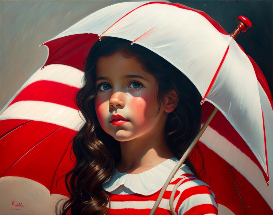 Young girl with long wavy hair holding red and white umbrella gazes thoughtfully.