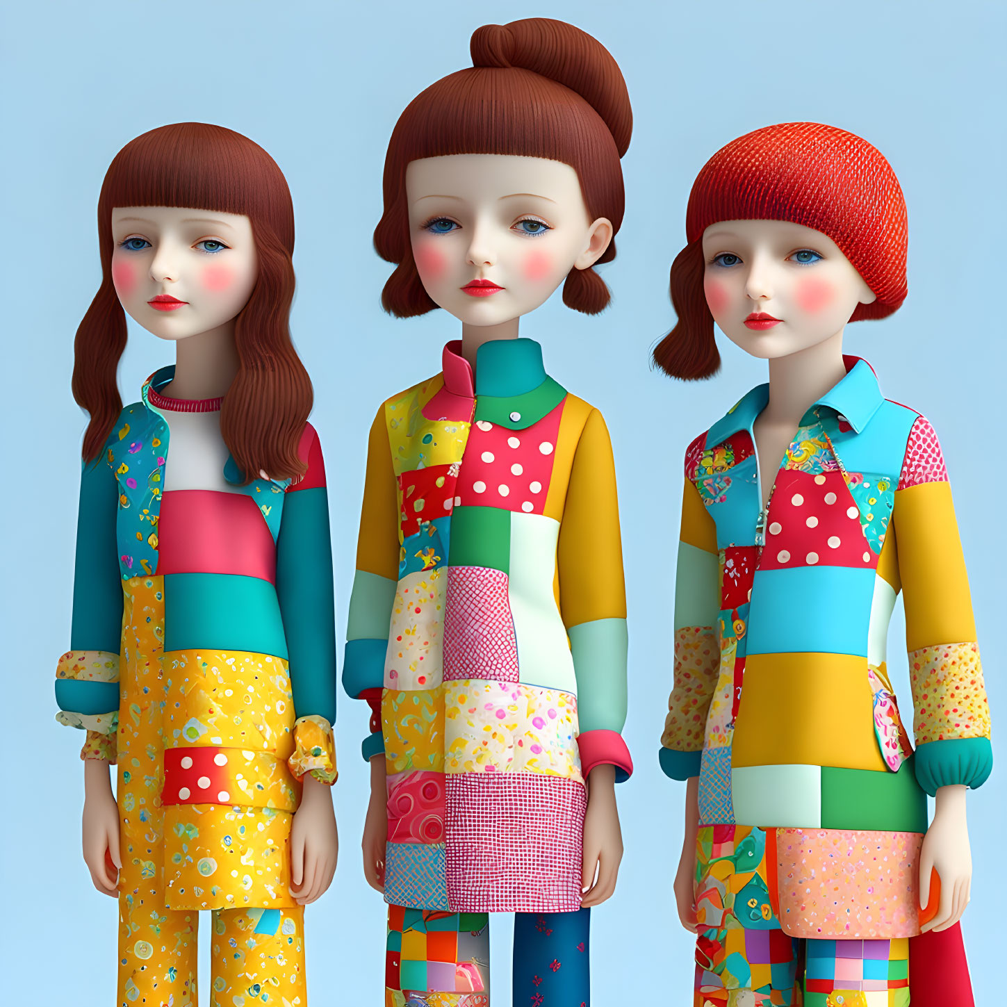 Three identical 3D animated female figures in patchwork outfits, various color schemes, on blue backdrop