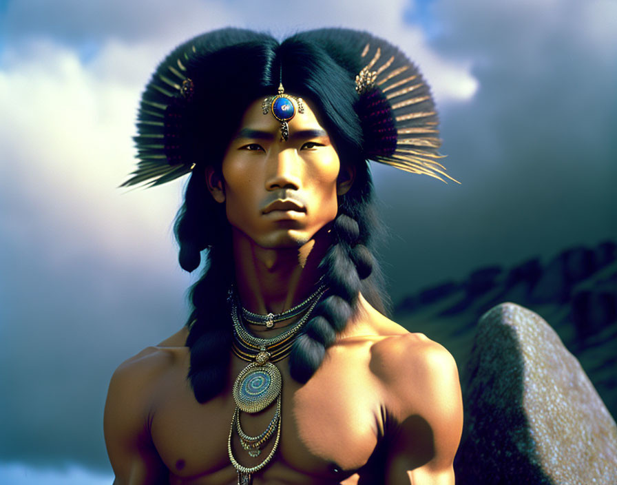 Man with Native American headdress and blue jewel in stylized art