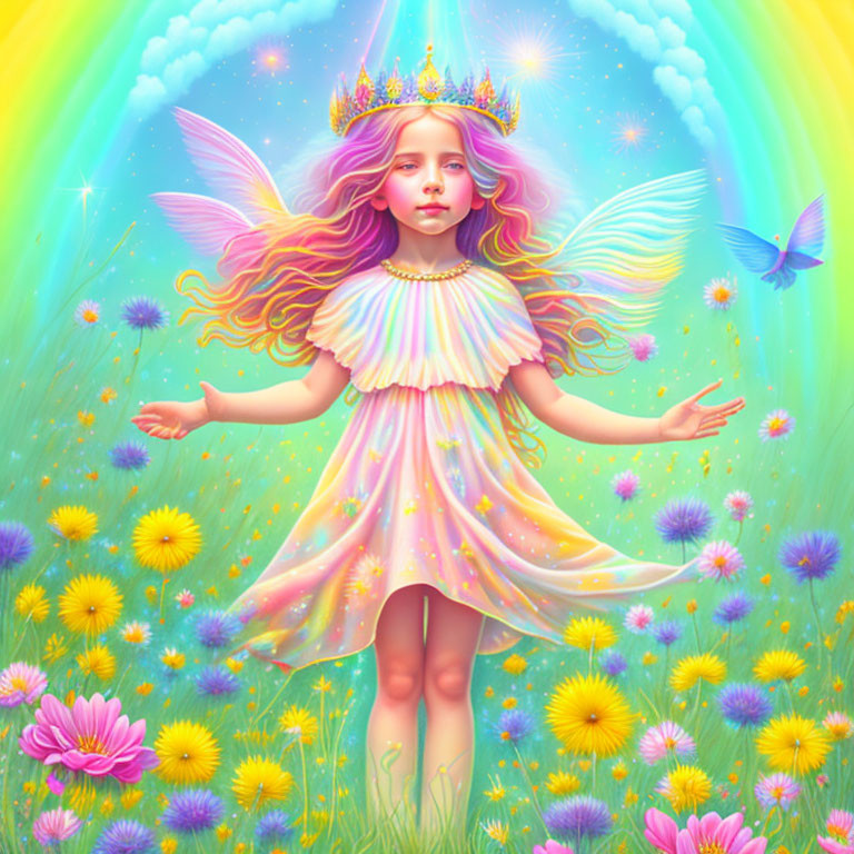 Colorful fairy with wings, crown, flowers, and butterflies in magical setting