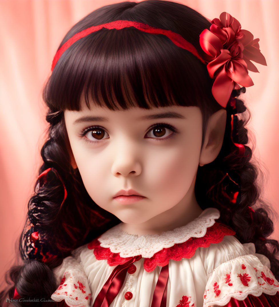 Young Girl with Large Brown Eyes and Curly Dark Hair in White and Red Dress