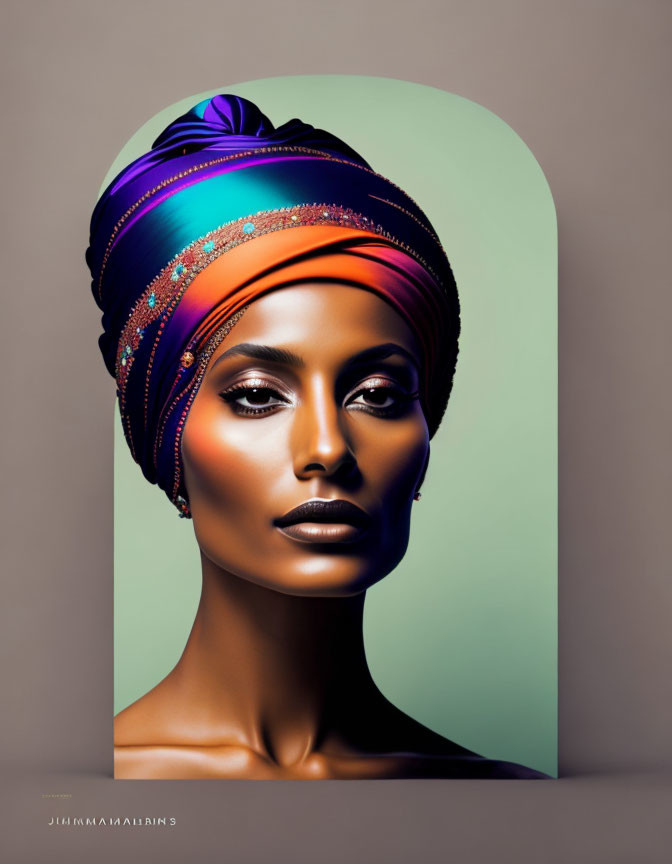 Colorful turban and striking makeup on woman in portrait against dual-tone background