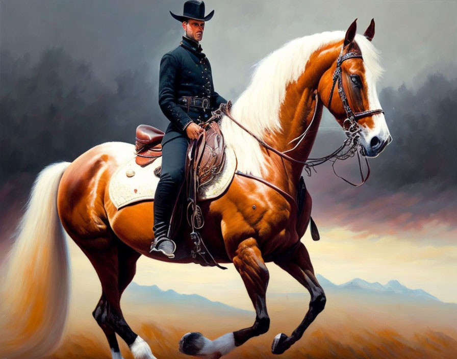 Man in black outfit rides brown and white horse with mountain backdrop.