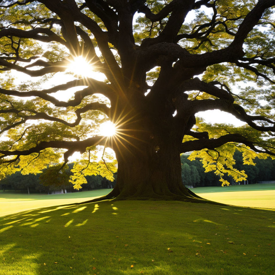 Majestic tree with lush green leaves and sun rays casting shadows