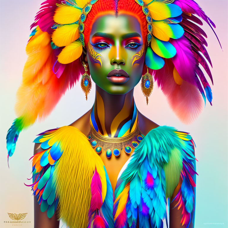 Colorful portrait of person with feather headdress and face paint