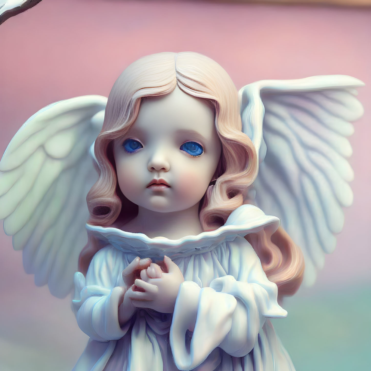 Porcelain angel figurine with blue eyes and wings on pink background