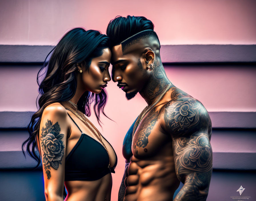 Tattooed man with mohawk and woman in black top against pink and purple background