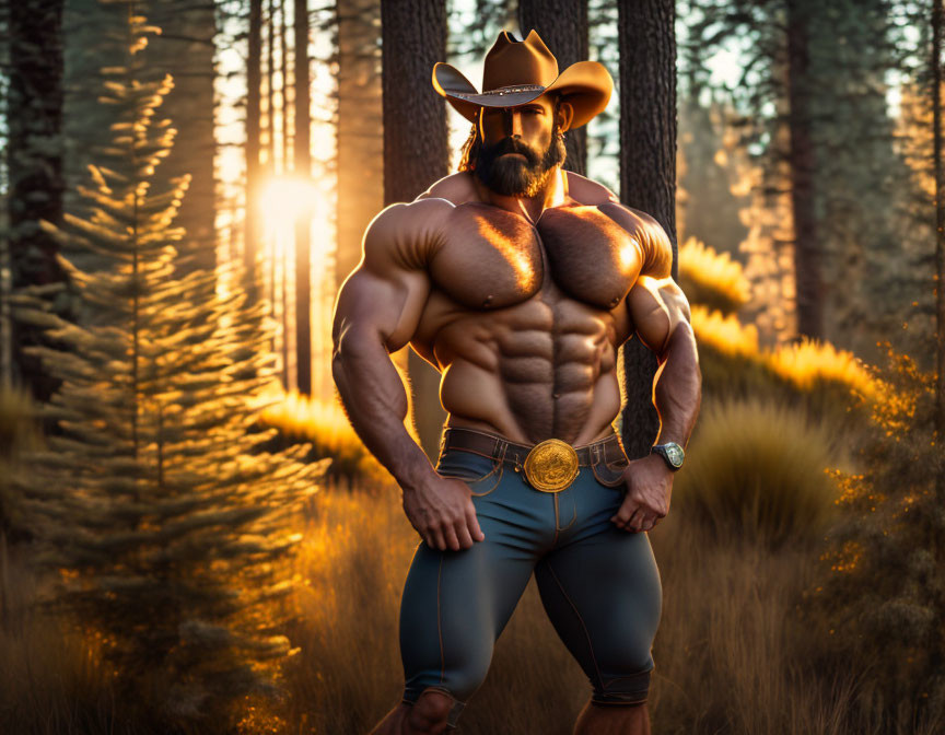 Muscular man in cowboy hat and sunglasses in forest at sunset