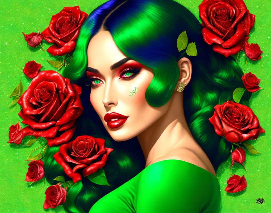 Vibrant green hair woman with red roses and gem makeup