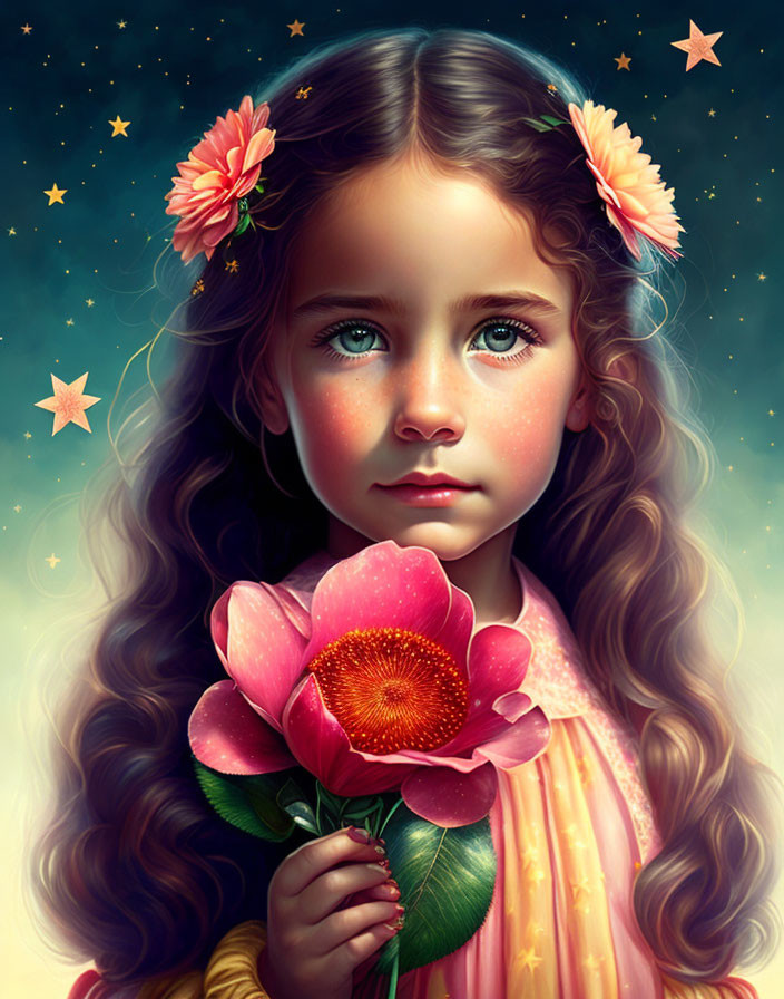 Digital Art: Young Girl with Blue Eyes and Curly Hair Holding Pink Blossom