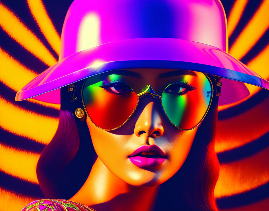 Vibrant digital artwork of a woman in sunglasses and pink sun hat