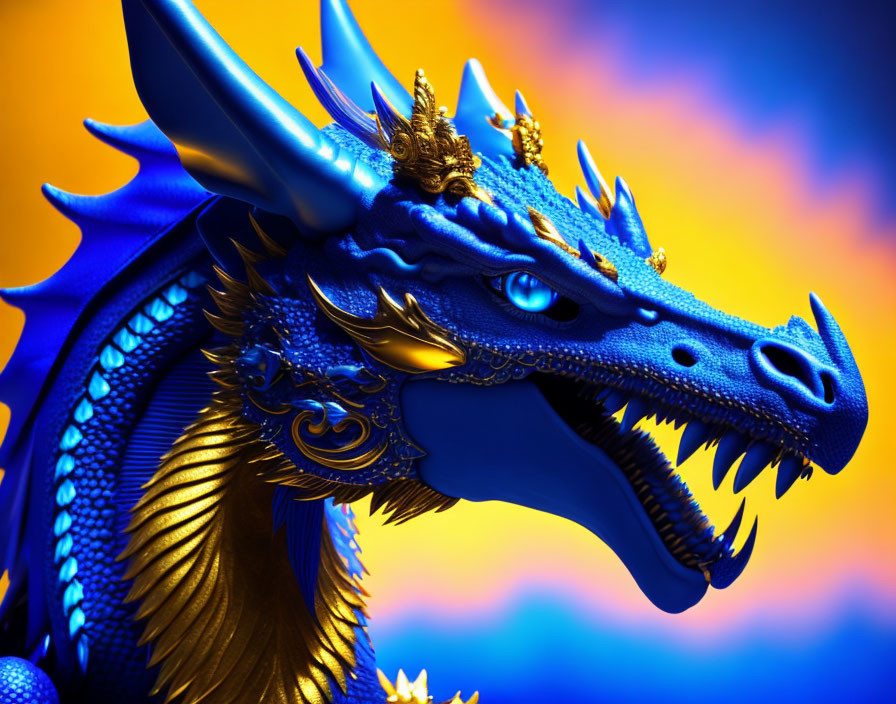 Detailed Blue and Gold Dragon Close-Up Against Sunset Sky