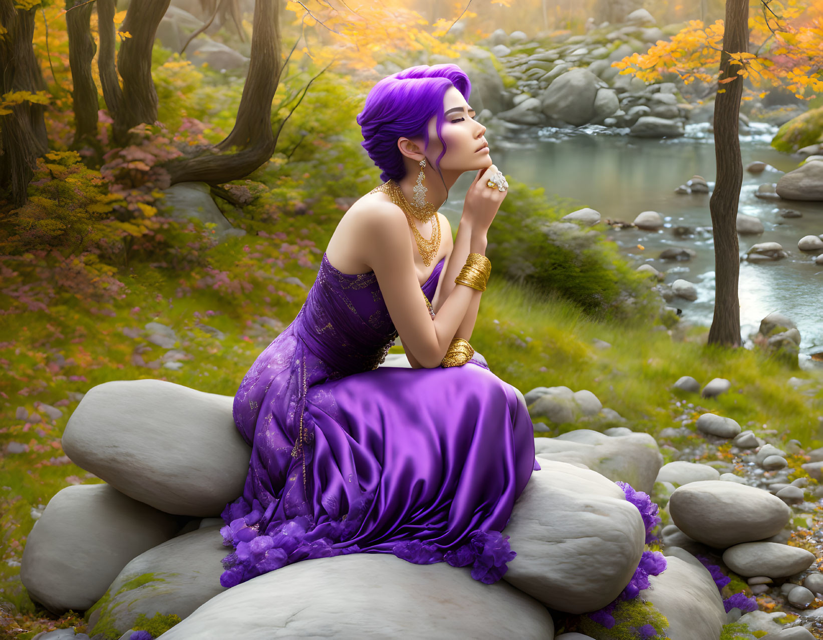 Purple-haired woman in floral gown by autumn stream