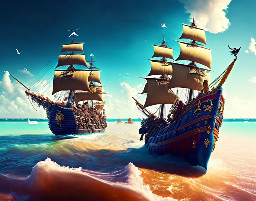 Majestic sailing ships on vibrant sea with elaborate designs