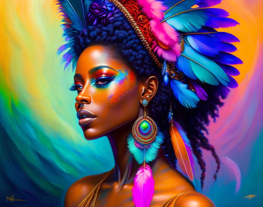 Colorful digital portrait of a woman with feather headdress and ornate earrings